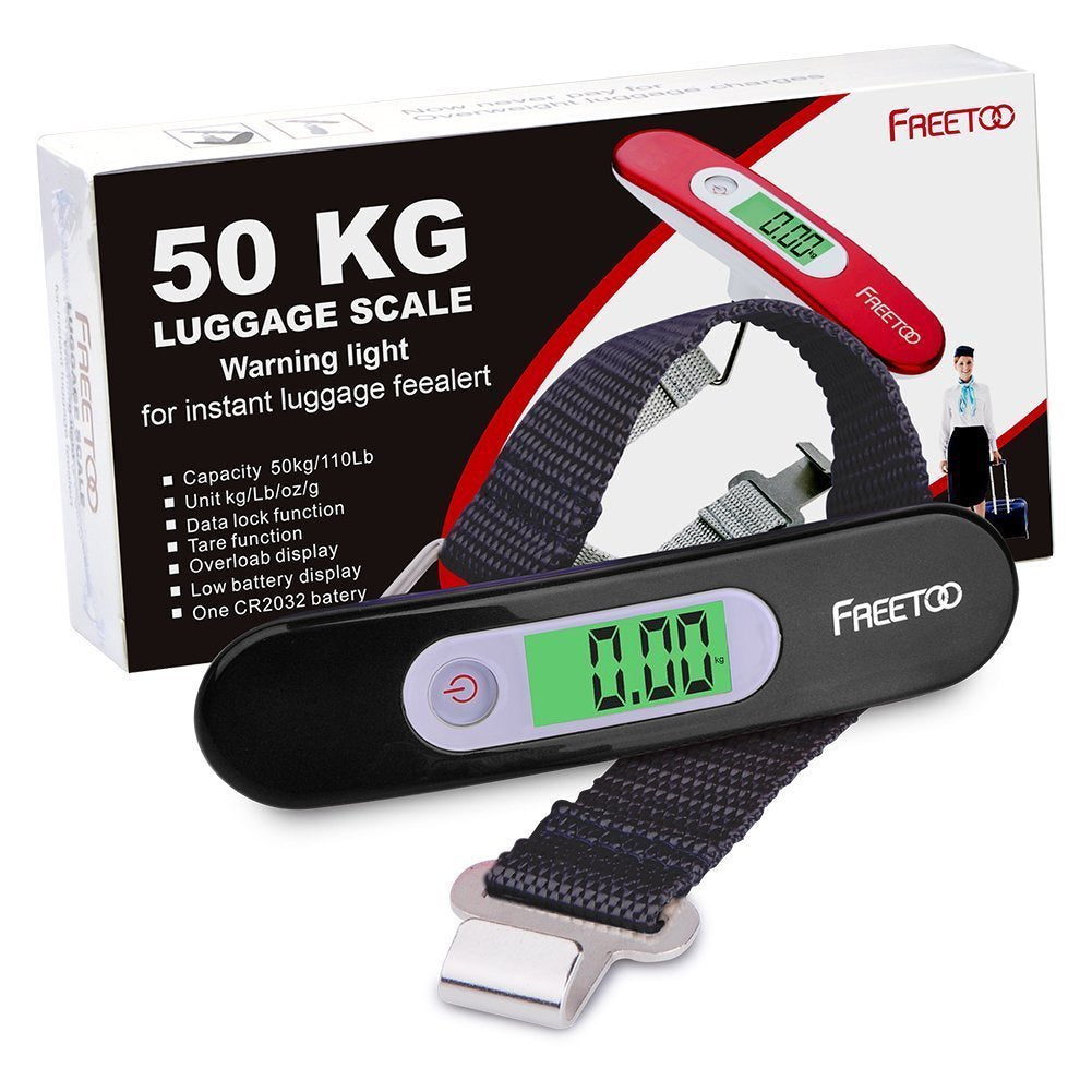 FREETOO Gepäckwaage Tragbare Digitale Kofferwaage Lcd-Anzeige Mit Hintergrundbeleuchtung Tara-Funktion Praktisch Für Reisen/Familienleben Bis 50KG (Schwarz)