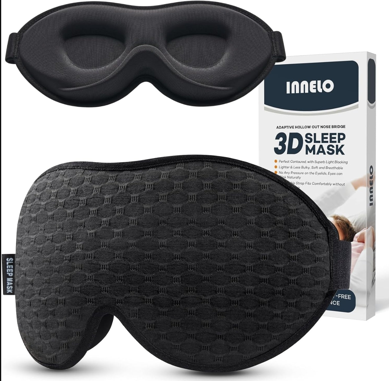 INNELO Schlafmaske Für Herren Frauen, 2024 Bequeme Atmungsaktive 3D Augenmaske, Mit Tiefen Augenhöhlen Und Erhöhten Nasenpads, 100% Lichtblockierende Schlafbrille Mit Memory Foam Für Reisen, Schwarz
